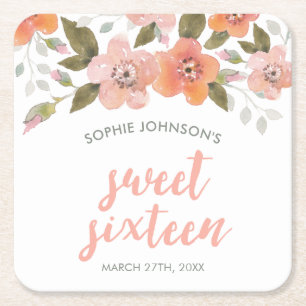 Peach Delicate Floral Sweet Sixteen Vierkante Kartonnen Onderzetter