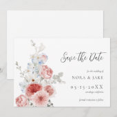 Peach Dusty Blue Floral Save the Date (Voorkant / Achterkant)