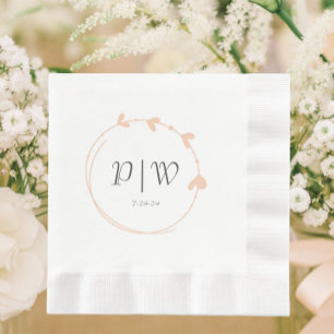 Peach eenvoudige hart krans monogram bruiloft servet
