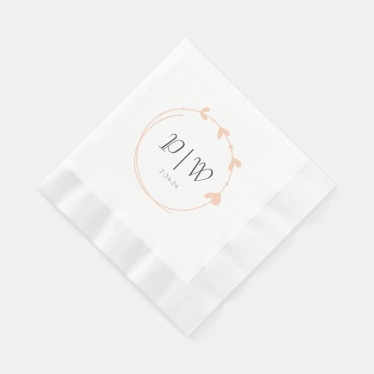 Peach eenvoudige hart krans monogram bruiloft servet (Hoek)