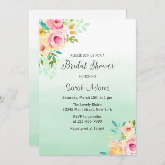 Peach en Mint bruids douche uitnodiging (Voorkant / Achterkant)