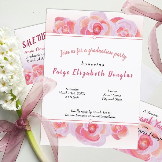 Peach en Pink Rose Graduation Party uitnodigingen