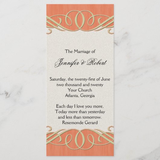 Peach en Sage Elegant Scroll Bruiloft Programma (Voorkant)
