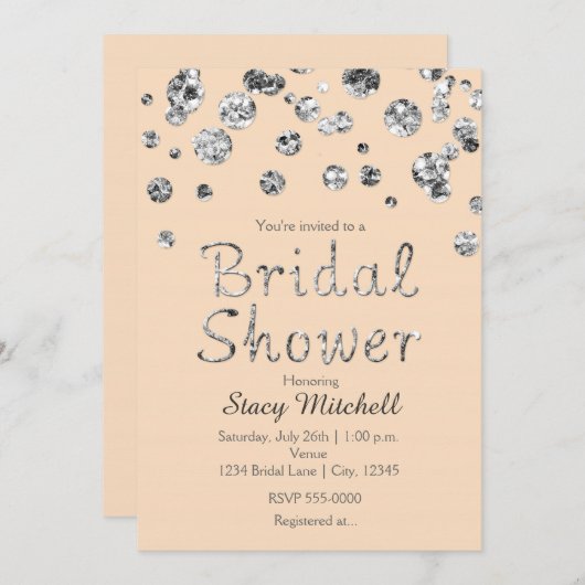 Peach en Silver Glitter Bruids Douche Uitnodiging (Voorkant / Achterkant)