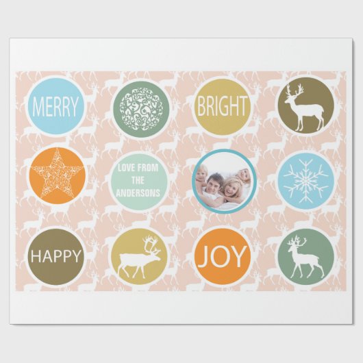 Peach Family Photo Reindeer Kerstmis Merry Bright Cadeaupapier (Vlak)