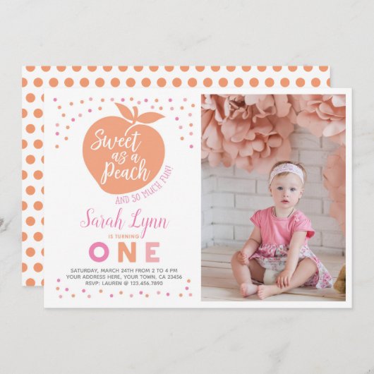 Peach First Birthday Invitation avec photo (Devant / Derrière)