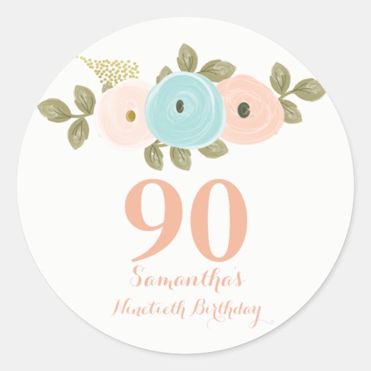 Peach Floral Aquarelle Sticker 90e Anniversaire (Devant)