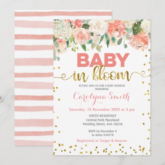 Peach Floral Baby in Bloom Invitation Kaart (Voorkant / Achterkant)