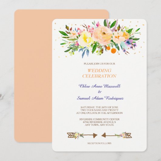 Peach Floral Bouquet Wedding Invitation Kaart (Voorkant / Achterkant)
