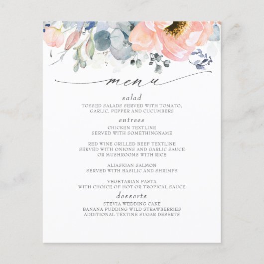 Peach Floral Dusty Blue Wedding Menu (Voorkant)