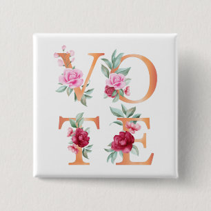 Peach Floral Elegant Feminine Go Vote Vierkante Button 5,1 Cm