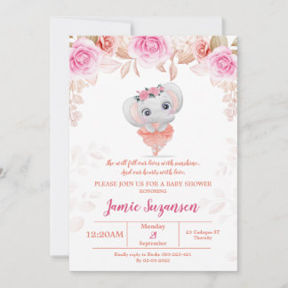 Peach Floral Elephant Baby shower Girl Invitation Save The Date