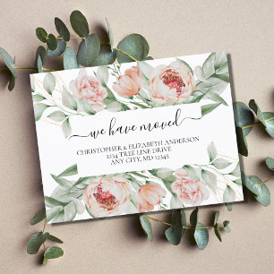 Peach Floral Flowers Greenery Script Moving Aankondigingskaart