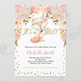 Peach Floral, Fox, Woodland Baby Girl Shower Kaart
