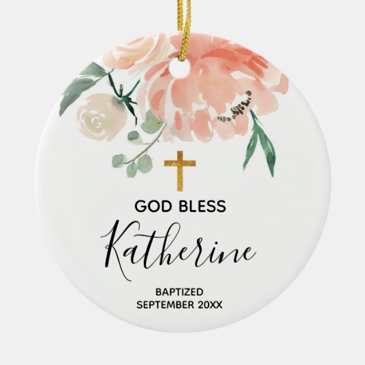 Peach Floral Girl Baptism Ornament (Voorkant)