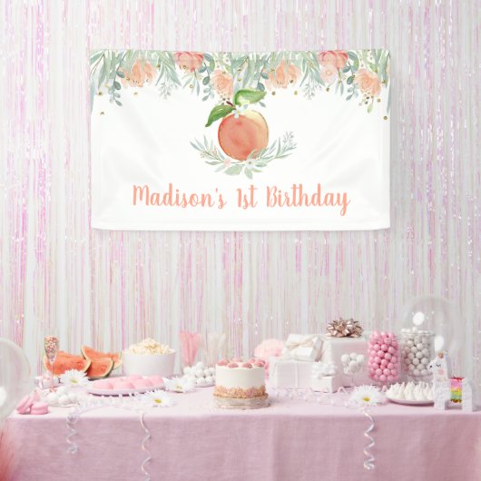 Peach Floral Greenery Birthday Spandoek (Feest)