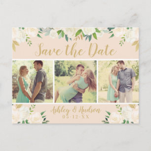 Peach Floral Greenery Photo Wedding Save the Date Aankondigingskaart