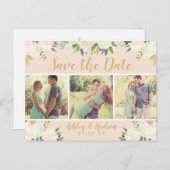 Peach Floral Greenery Photo Wedding Save the Date Aankondigingskaart (Voorkant / Achterkant)