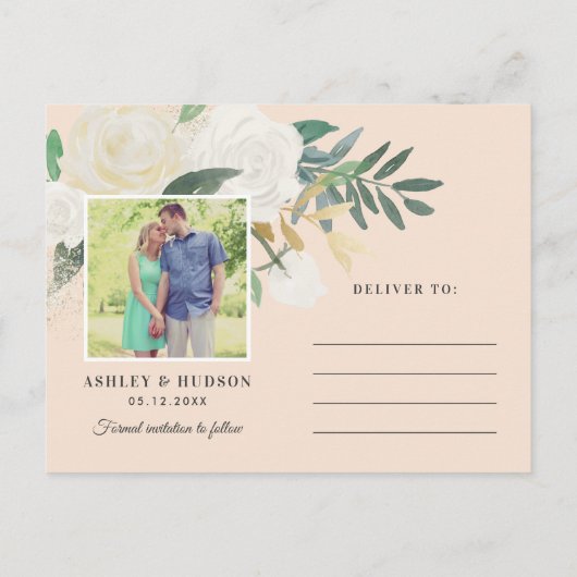 Peach Floral Greenery Wedding Photo Save the Date Aankondigingskaart (Achterkant)