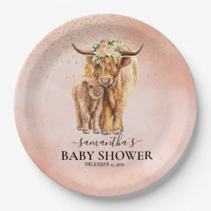 Peach Floral Highland Koe Calf Baby shower Papieren Bordje