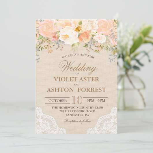 Peach Floral Lace Faire-part de mariage (Debout devant)