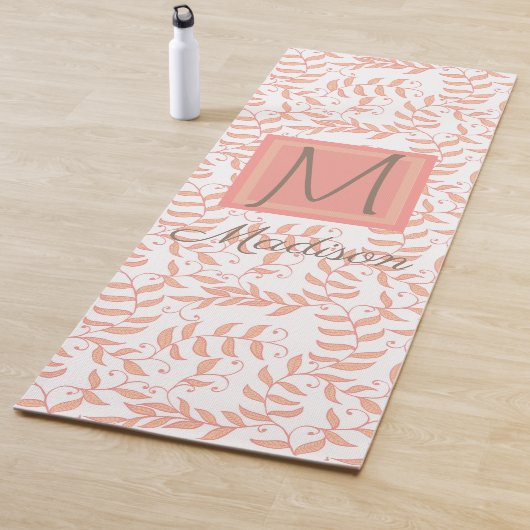 Peach Floral Leaf Natural Trendy Monogram Yogamat (In situ)