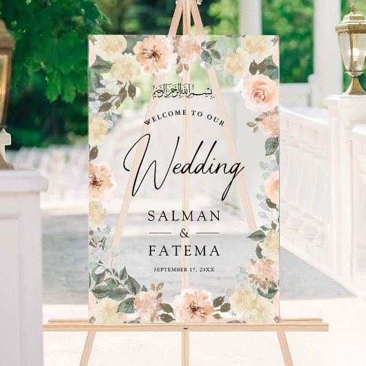 Peach Floral Muslim Wedding Welcome Frosted Acryl Bord