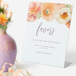 Peach Floral Paarse bruiloft gunsten neem er een Reclamebord Met Voetstuk
