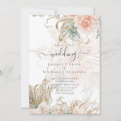 Peach Floral Pampas Grass BOHO Wedding Invitation Kaart (Voorkant)