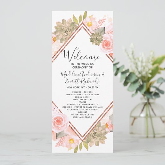 Peach Floral Roos Gold huwelijksceremonie programm Programma (Staand voorkant)
