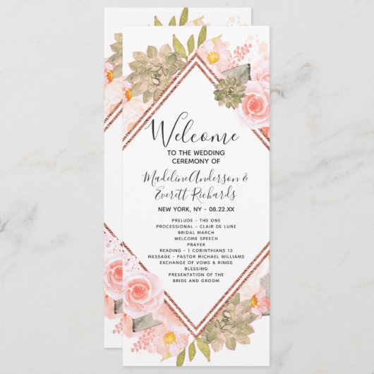 Peach Floral Roos Gold huwelijksceremonie programm Programma (Voorkant / Achterkant)