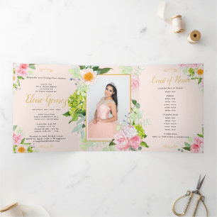 Peach Floral Trifold Quinceanera Invitation Drieluik Uitnodiging