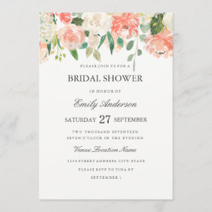 Peach Floral Waterverf Bridal Shower Invitation Kaart