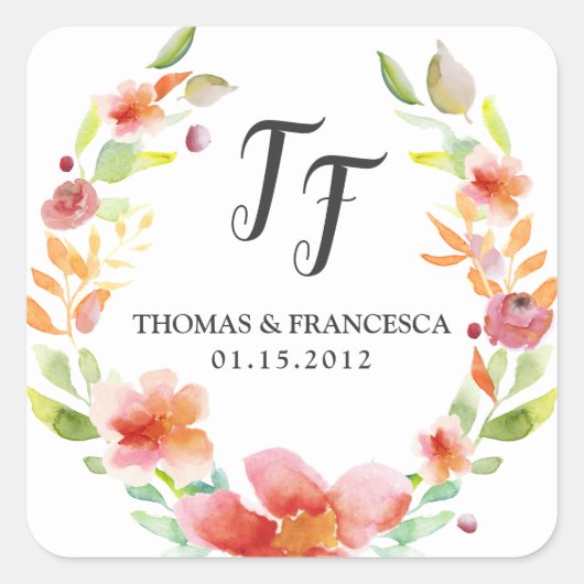 Peach Floral Waterverf Wedding Stickers (Voorkant)