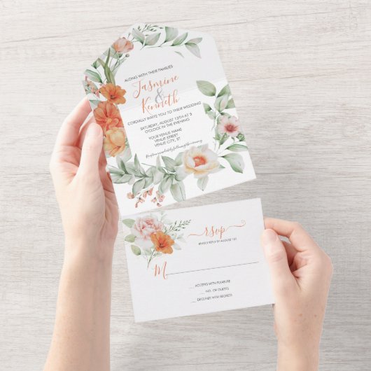 Peach Floral Weddenschap All in one Invitation All In One Uitnodiging (Afscheurbaar)