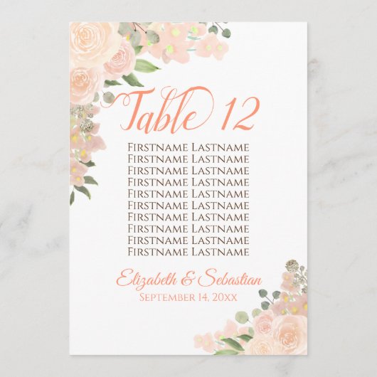 Peach Floral Wedstrijding Table Number & Names Lar (Achterkant)