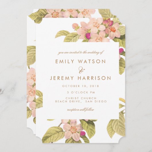 Peach  Flower Blossom Wedding Invitation Kaart (Voorkant / Achterkant)