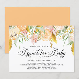 Peach Flowers and Gold Leaves Baby shower Brunch Kaart