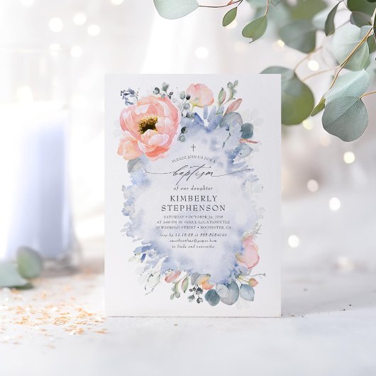 Peach Flowers and Greenery Dusty Blue Baptism Kaart