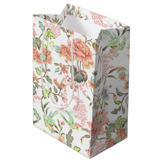 Peach Flowers and Hummingbird Medium Gift Bag Medium Cadeauzakje (Achterkant Gekanteld)