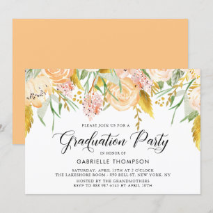 Peach Flowers & Gold Leaves Afstudeerfeest Kaart