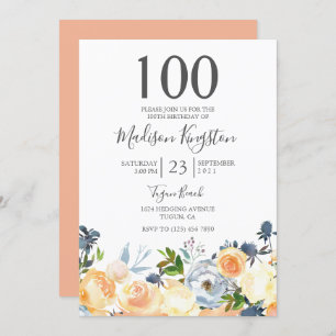 Peach Flowers Jolie 100e Invitation de fête d'anni