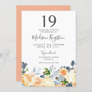 Peach Flowers Jolie 19e anniversaire Invitation de