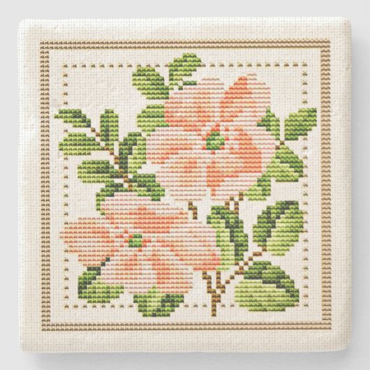 Peach Flowers Needlepoint Style Onderzetter (Voorkant)