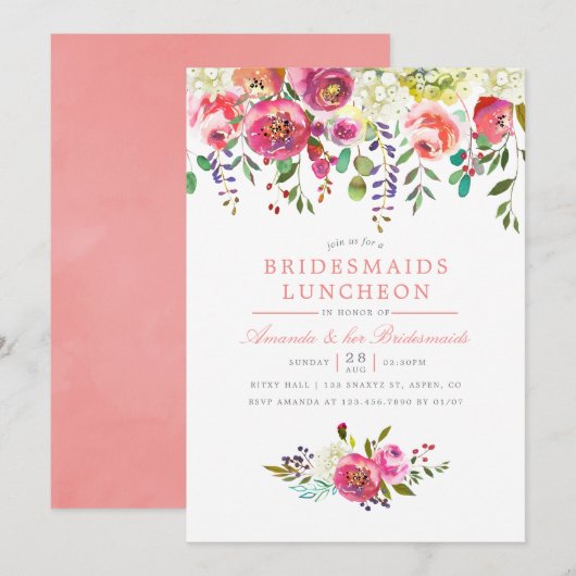 Peach Flowers rose Bridesmaids Luncheon Invitation (Devant / Derrière)