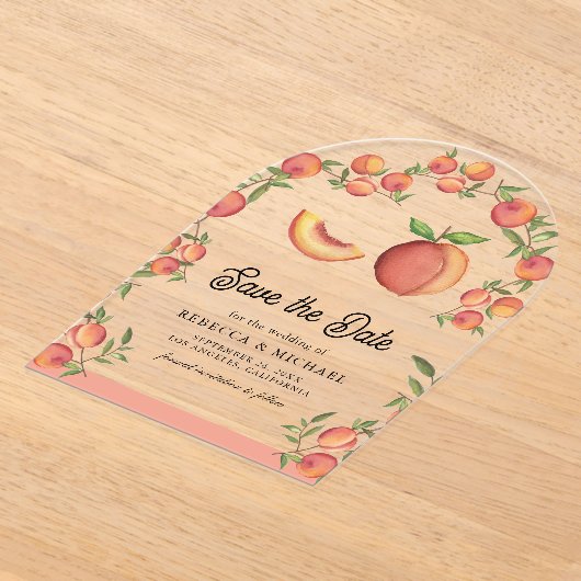 Peach Fruit Arch Wedding Sla de datum op Acryl Uitnodigingen (Laagn)