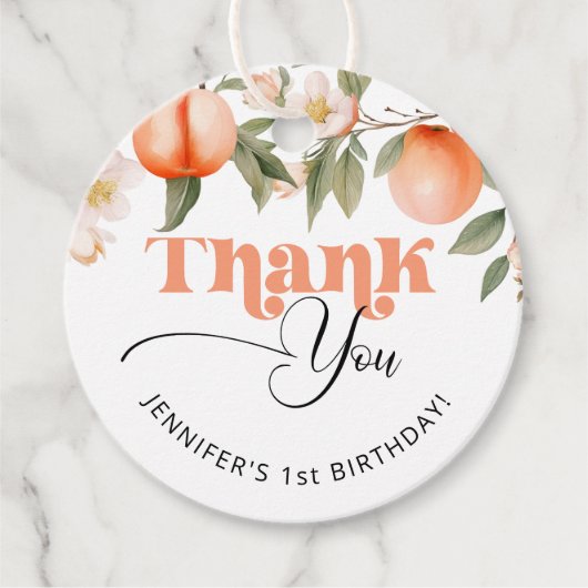 Peach fruit verjaardag dank u bedankjes labels (Voorkant)
