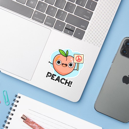 Peach Funny Peace Pun Sticker (Laptop met iPhone)