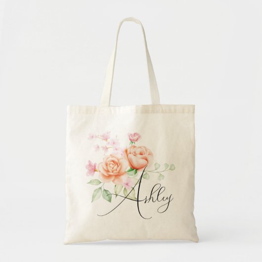 Peach Fuzz Floral bruidsmeisje Tote Bag (Voorkant)