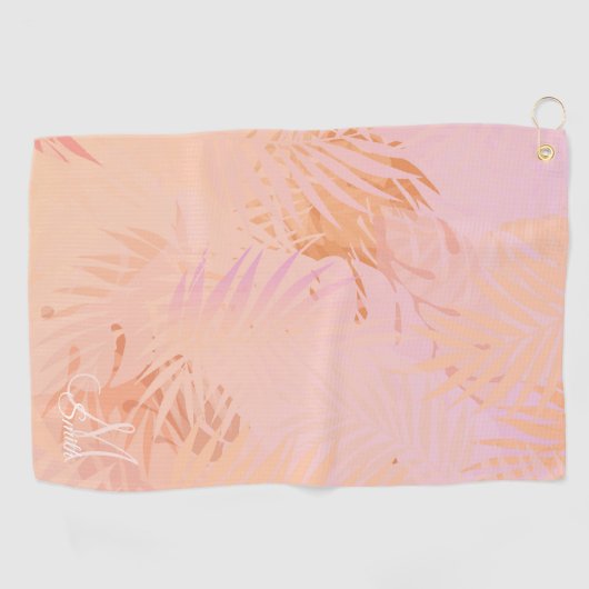 Peach fuzz tropische bladeren gepersonaliseerd mon golfhanddoek (Horizontaal)